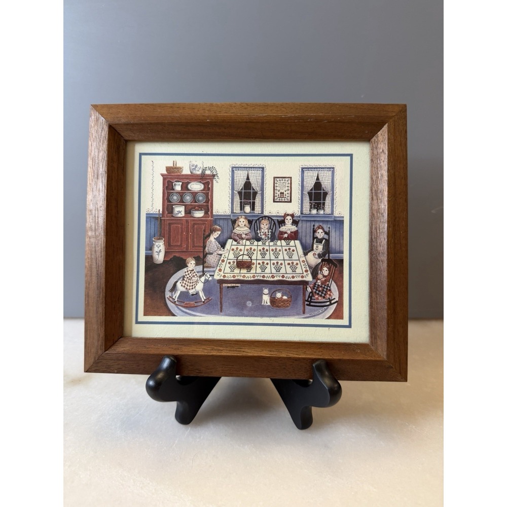 Nita Showers Vtg 1980s American Folk Art Framed Print - Quilting Girls Small 5x7